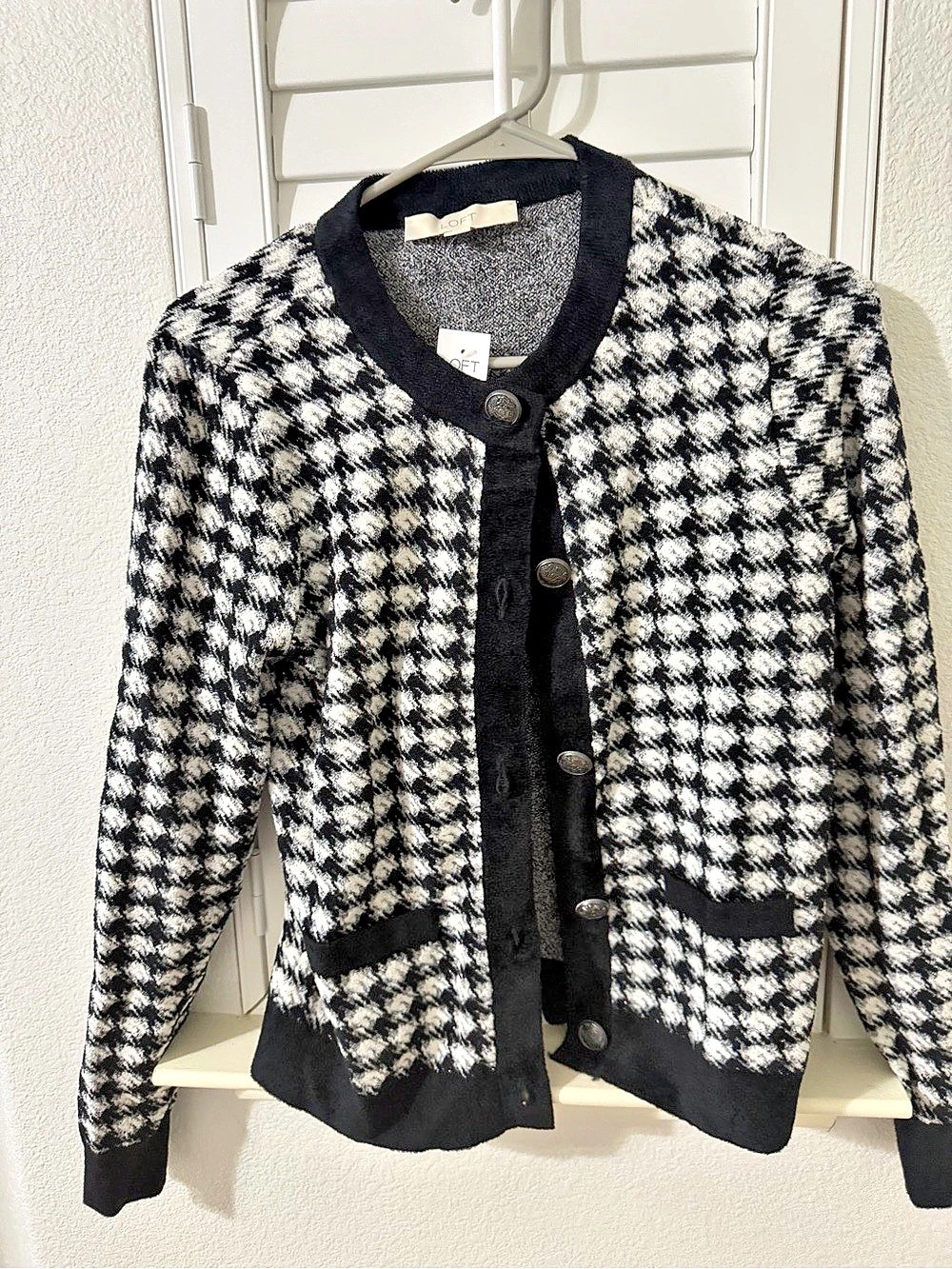 LOFT Hammered Metallic Button Sweater Jacket Houndstooth Black & White XS